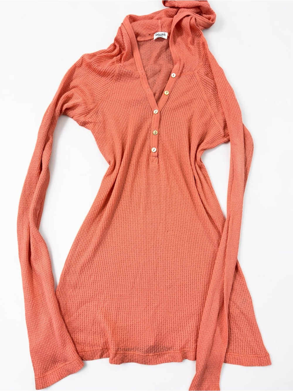 Y2K Splendid Henley Coral Thermal Waffle Knit Hoodie Top M
